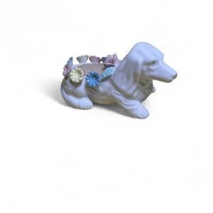 VTG Dachshund Dog Figurine Pin Cushion Flowers Ceramic Collectible Cottagecore
